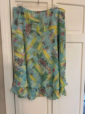 Pierre Cardin Aqua Floral & Yellow Ruffle Hem Skater Skirt